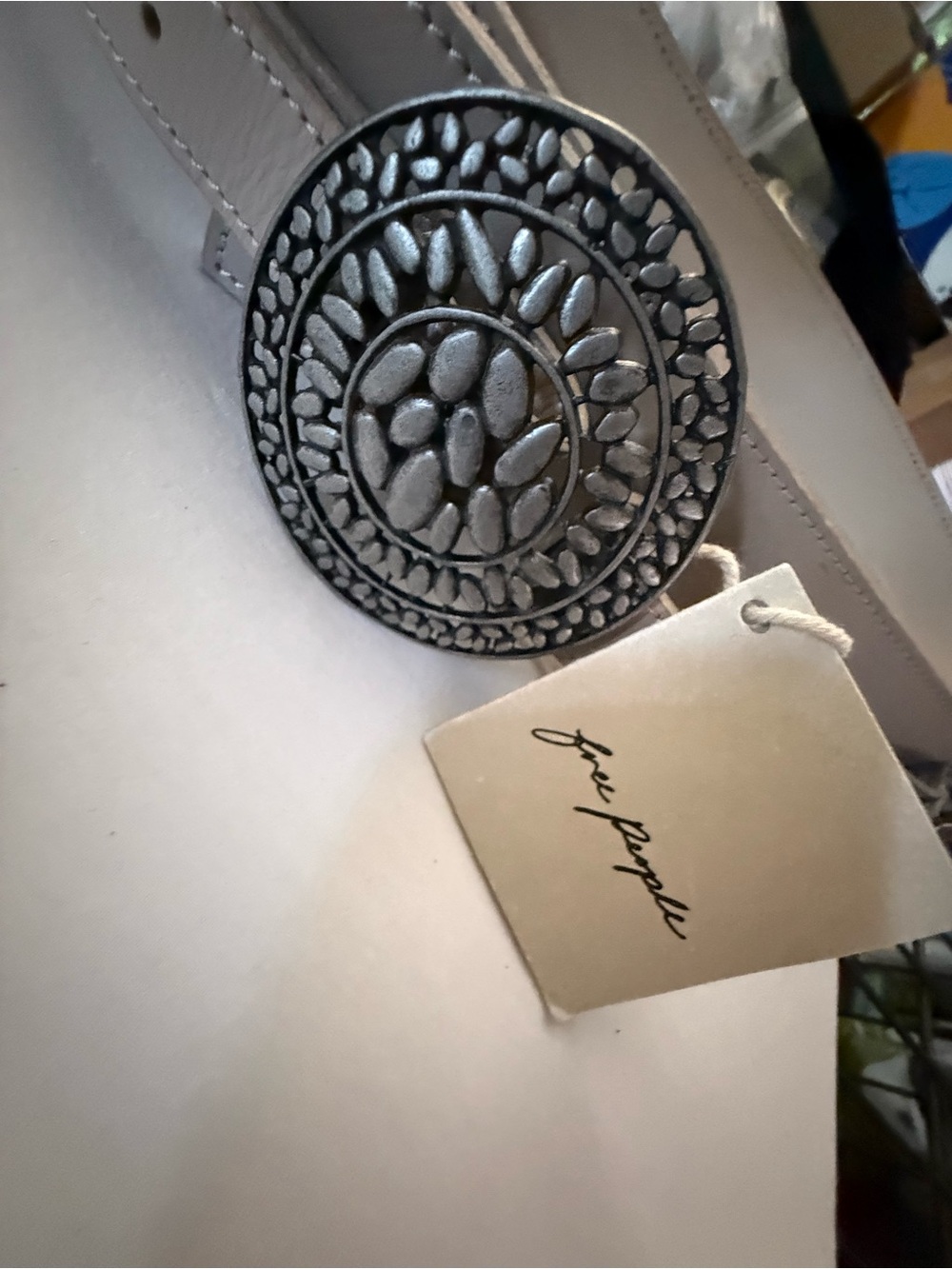 NWT Free People Beige Creamish/Tan Belt w/Embossed Silver Buckle (42” Length) - Picture 8 of 9